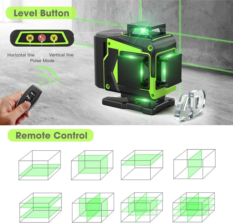 MBYULO 16 Line Laser Level 360 Self Leveling, 4x360°Professional 4D Green Cross Line laser Level with 2 Batteries, Adjustable Brightness & Remote Control, for Tiling Floor Construction and Picture Hanging - Image 3
